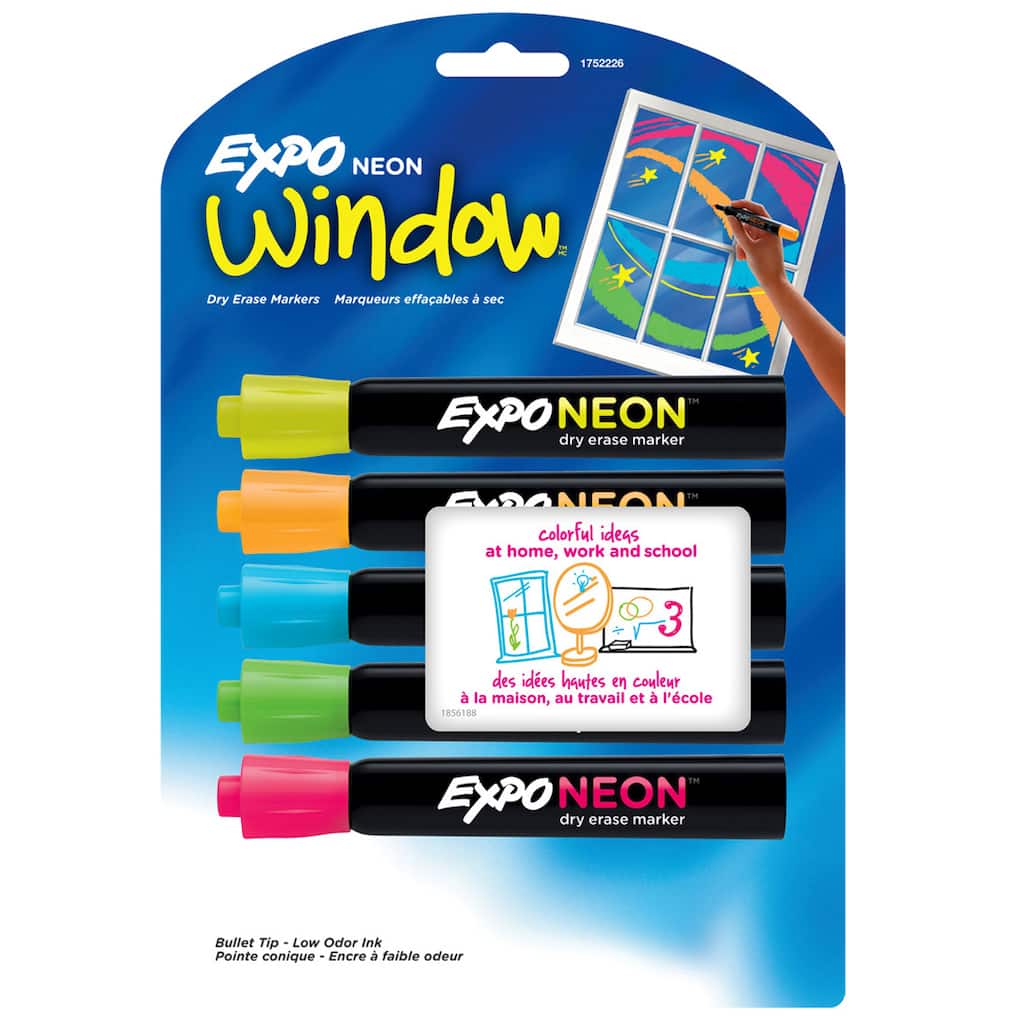 Expo NEON WINDOW Low Odor DRY ERASE 5 BOLD BULLET tip markers 1752226 blacklight
